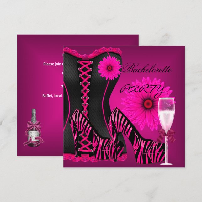 Convites Espartilho para Festa de Solteira Zebra Preto Rosa (Frente/Verso)