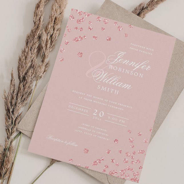 Convites Espelhamento de Confetti Dourado de Casamento de S (Elegant Script Wedding Rose Gold Confetti Blush Invitation)