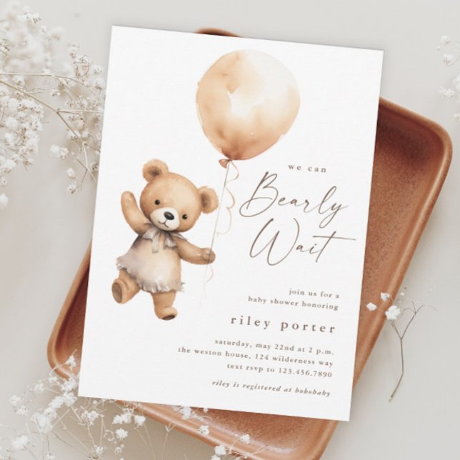 Convites Esperança Anterior Teddy Urso Sexo Chá de fraldas  (We Can Bearly Wait Teddy Bear Gender Neutral Baby Shower Invitation.)