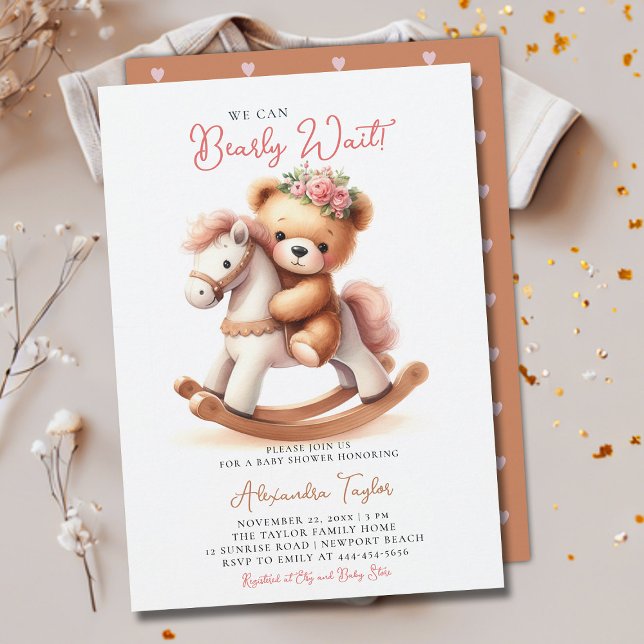 Convites Esperança Esperando Rosas de cavalos, Chá de menin (we can bearly wait baby girl shower invitation teddy bear cute rocking chair cowgirl western roses)