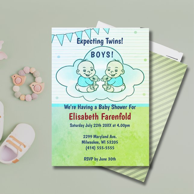 Convites Esperando gêmeos no Chá de fraldas Verde em Nuvem (Expecting Twin Boys in Cloud Green Baby Shower Invitation)