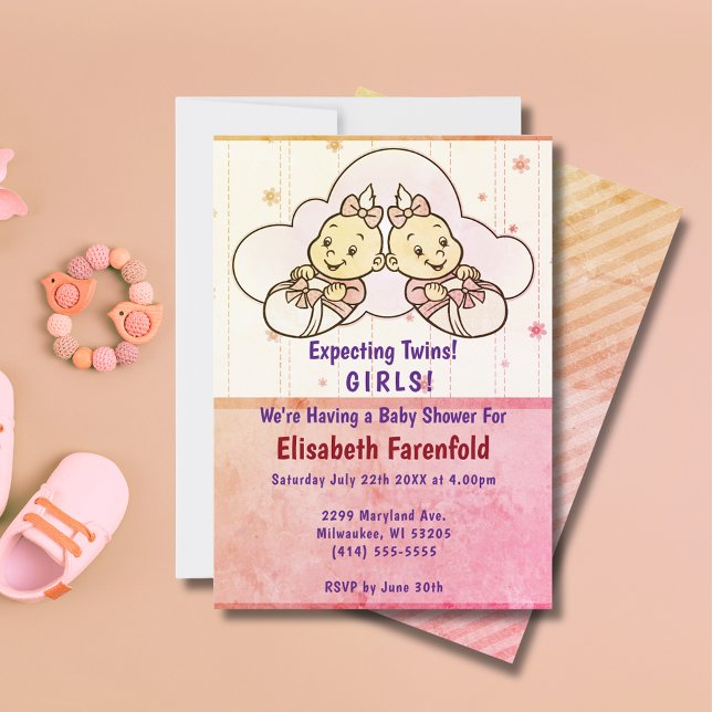 Convites Esperando o Retrô de Chá de fraldas de Nuvem de Ra (Expecting Twin Girls Cloud Baby Shower Retro Invitation)