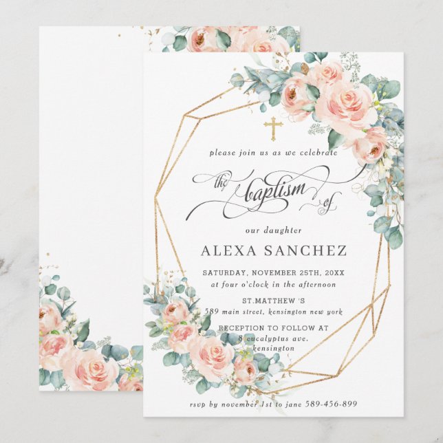 Convites Espessura Floral do Pêssego Batismo Geométrico (Frente/Verso)