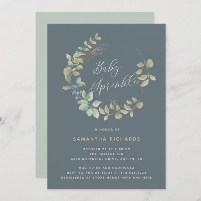 Convites Espingarda Dourada De Bebê Botânica De Folha| Sába (Frente/Verso)