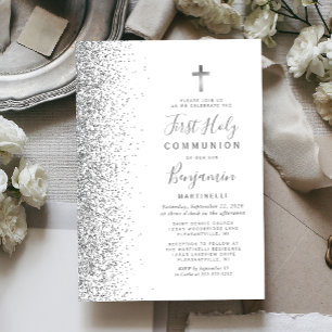 Convites Espingarda prateada Borda branca Primeira Comunhão