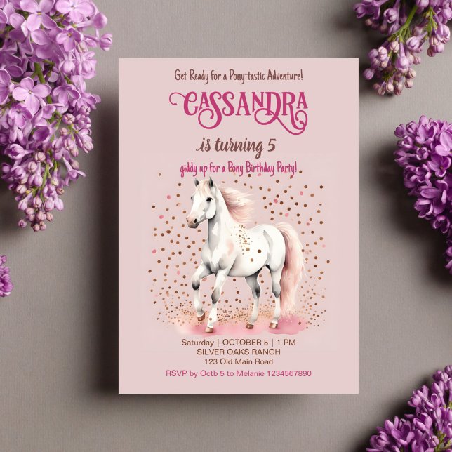 Convites Espinheiros de rosa de cavalo branco de festa de a (Pony birthday party template invitation instant digital download white horse rose gold sprinkles)
