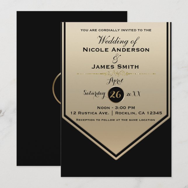 Convites Esplêndido Brilho Preto e Dourado Casamento Elegan (Frente/Verso)