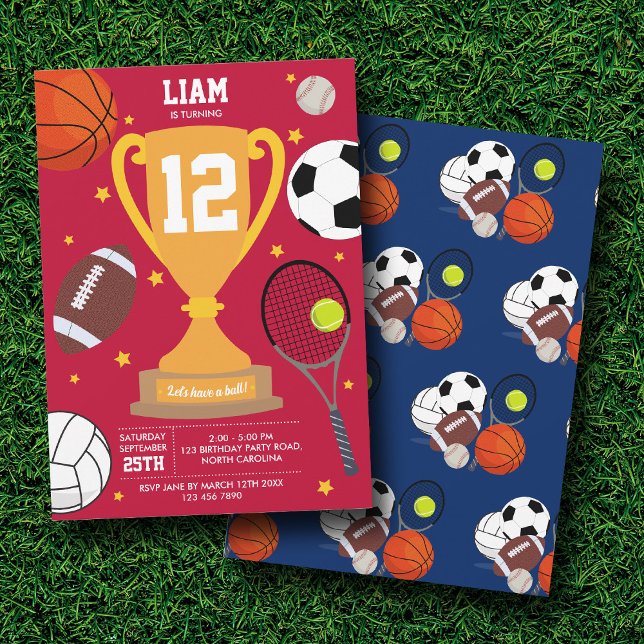 Convites Esportes - Bolas Atléticas Crianças Festa de anive (Sports Athletic Balls Kids Red Blue Birthday Party Invitation)