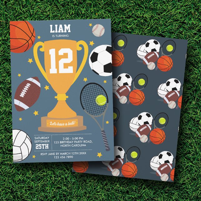 Convites Esportes - Bolas Atléticas para Crianças - Festa d (Sports Athletic Balls Kids Blue Birthday Party Invitation)