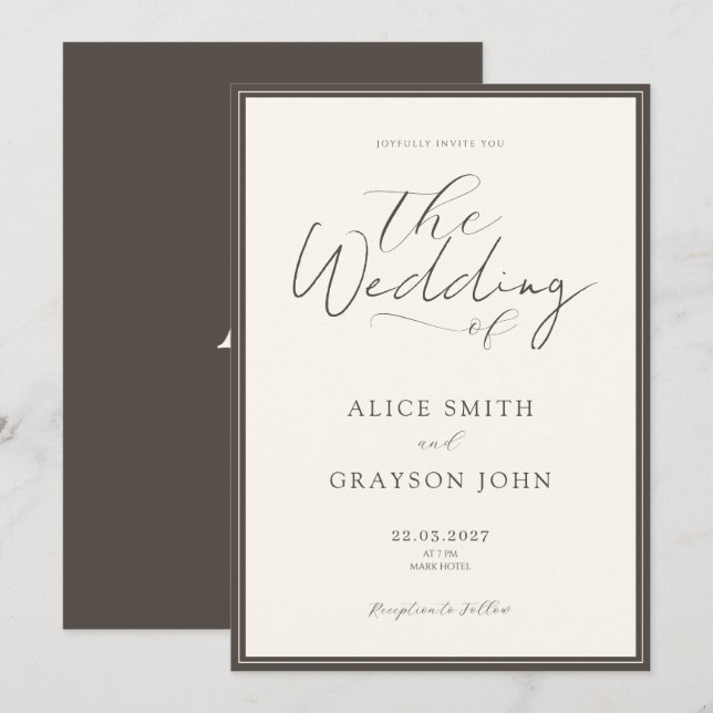 Convites Espresso Beige Script Classic Minimalist Wedding  (Frente/Verso)