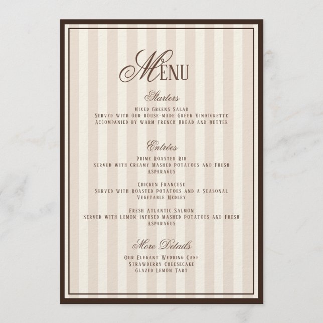 Convites Espresso Cappuccino Striped Wedding Menu  Card (Frente)
