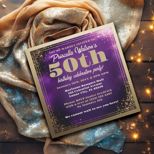 Convites Espumante Roxo e Festa de aniversário Dourada (Purple and Gold 50th Birthday Party Invitations)