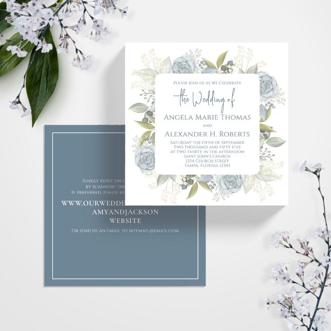 Convites Esquadrão de Casamento Floral Azul Elegante (Wedding blue floral wedding invitation square template.)