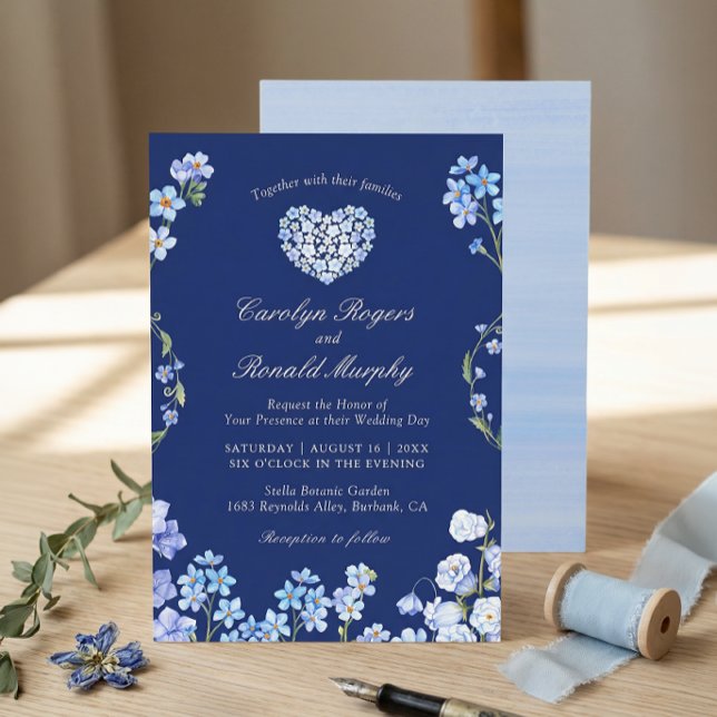 Convites Esqueça-me-Não Coração Azul Real Floral Casamento (Criador carregado)