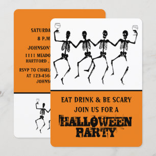 Convites Esqueleto de Halloween Dançante Laranja e Preto En
