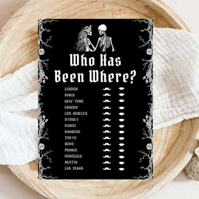 Convites Esqueleto de Halloween Gótico Quem Estive Onde Jog (Gothic Halloween Skeleton Who Has Been Where Game)