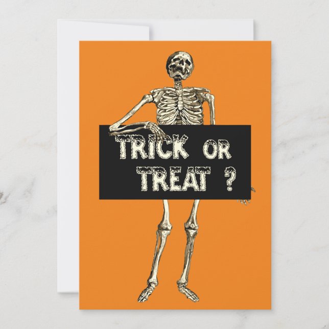 Convites Esqueleto de Halloween Vintage Pedindo ou Tratando (Frente)