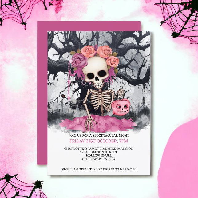 Convites Esqueleto Rosa Assustado Do Halloween E Árvore Ass (Halloween Scary Pink Skeleton And Haunted Tree Invitations from Ricaso)