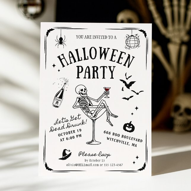 Convites Esqueleto Whimsso em Martini Glass, Halloween (Criador carregado)