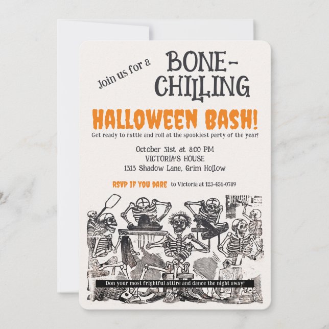 Convites Esqueletos Antigos e Arrepiantes Festa de Hallowee (Frente)