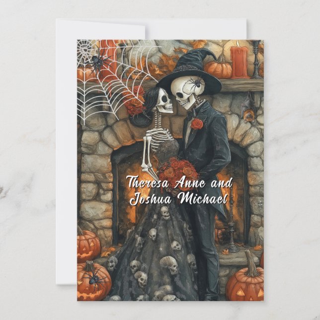 Convites Esqueletos de Casamento de Halloween Aranhas Preta (Frente)