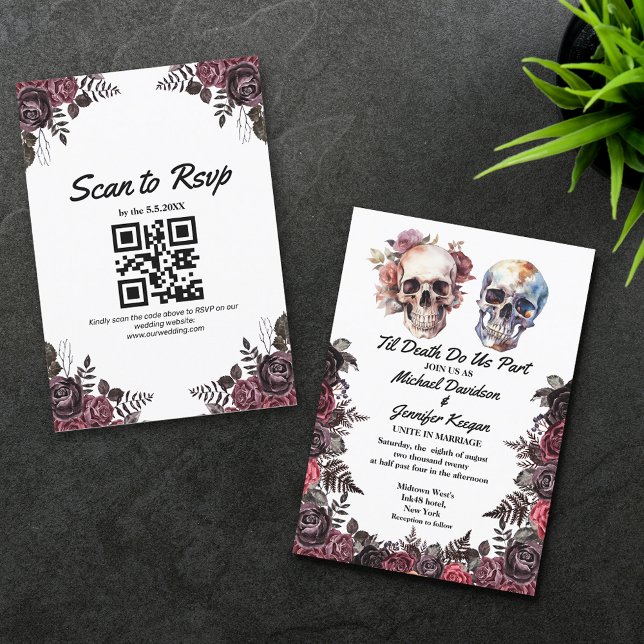 Convites esqueletos elegantes floral halloween código qr (Criador carregado)