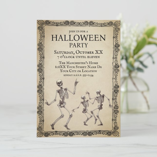 Convites Esqueletos Engraçados Dançando Festa de Halloween  (Em pé/Frente)