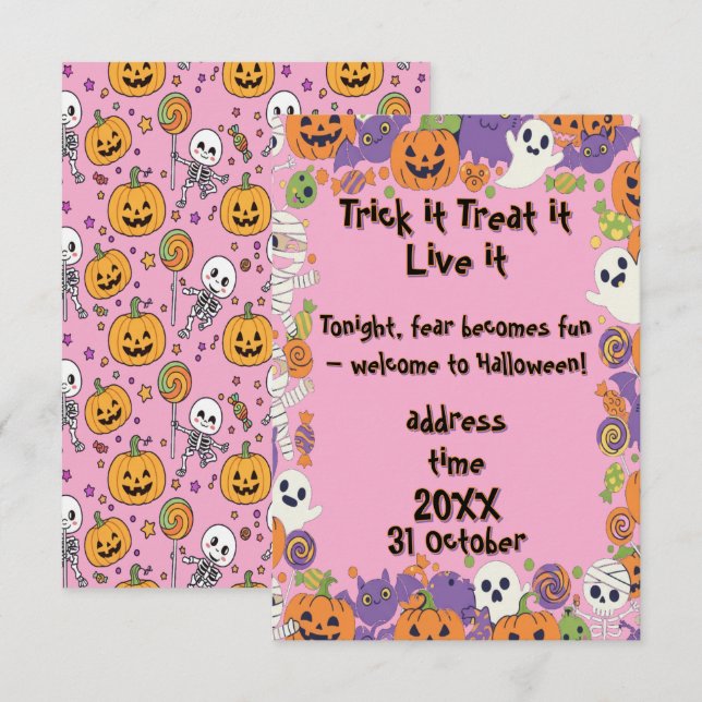 Convites Esqueletos Fofos e Rosa Doce para o Halloween (Frente/Verso)