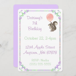 Convites Esquilo Fluffy com Balão Rosa Aniversário