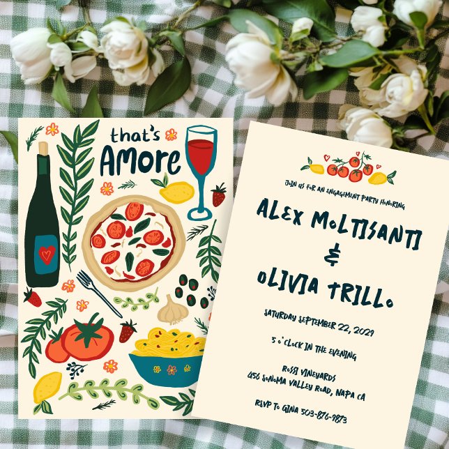 Convites Esse é um Chá Comida italiano PERSONALIZADO (That's Amore Italian Food Engagement Wedding Shower CUSTOM Invitation Couples Pizza Wine
)