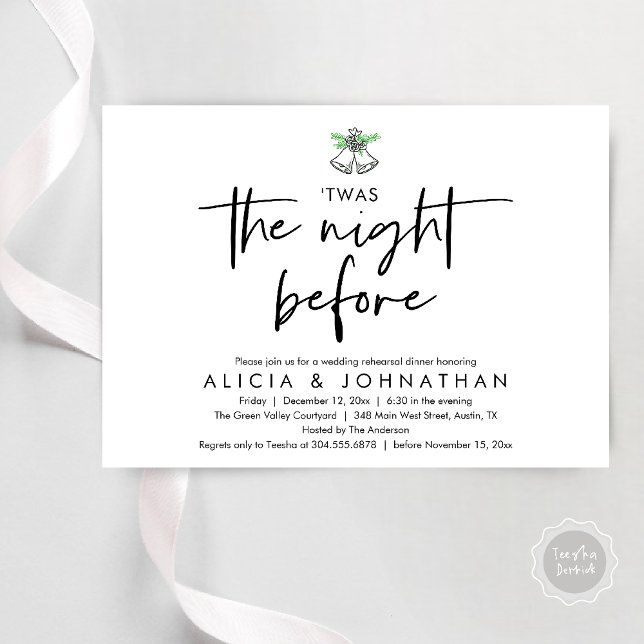 Convites Esta Era A Noite Anterior, Janto De Ensaio De Casa (Twas The Night Before Wedding Rehearsal Dinner Party Invites Card mistletoe wedding bell black white)