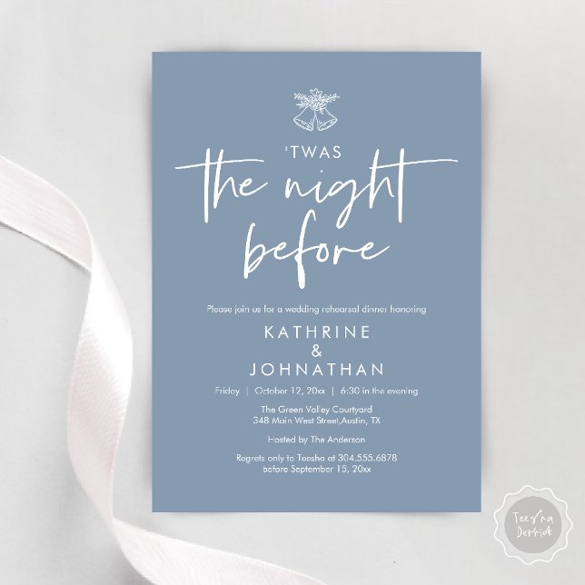 Convites Esta Era A Noite Antes Do Janta De Ensaio De Casam (Twas The Night Before Wedding Rehearsal Dinner Party Invites Card mistletoe wedding bell dusty blue)