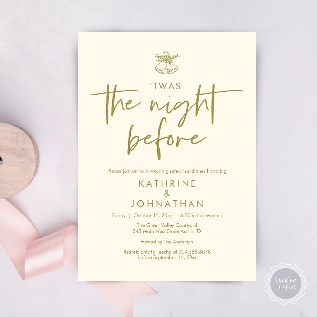 Convites Esta Era A Noite Antes Do Janta De Ensaio De Casam (Twas The Night Before Wedding Rehearsal Dinner Party Invites Card mistletoe wedding bell Yellow Gold)