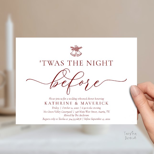 Convites Esta Era A Noite Antes Do Janto De Ensaio Clássico ('Twas The Night Before Modern Romantic Wedding Rehearsal Dinner Invites Card PDF Burgundy Wine Red)