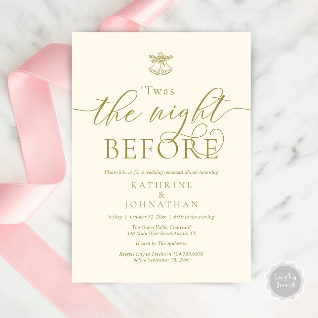 Convites Esta Era A Noite Antes Do Janto De Ensaio Moderno (Twas The Night Before Wedding Rehearsal Dinner Party Invites Card mistletoe wedding bell Yellow Gold)