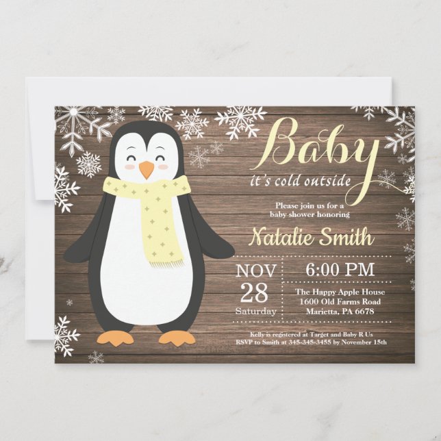 Convites Está Frio Lá Fora Chuvinha de Bebê Pinguim Rústico (Frente)