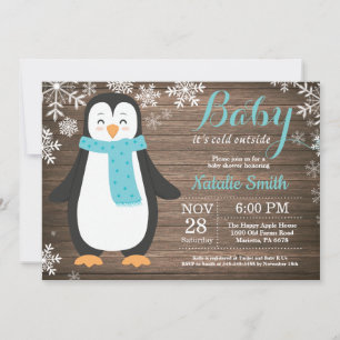 Convites Está Frio Lá Fora Chuvinha de Bebê Pinguim Rústico