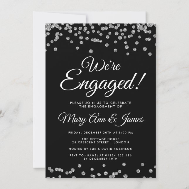 Convites Estamos encantados! Glitter prateado Confetti pret (Frente)