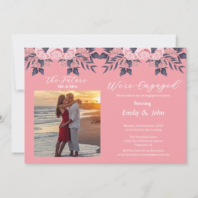 Convites estamos engajados rosa floral com foto (Frente)