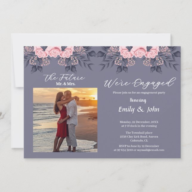 Convites estamos engajados rosa floral com foto (Frente)