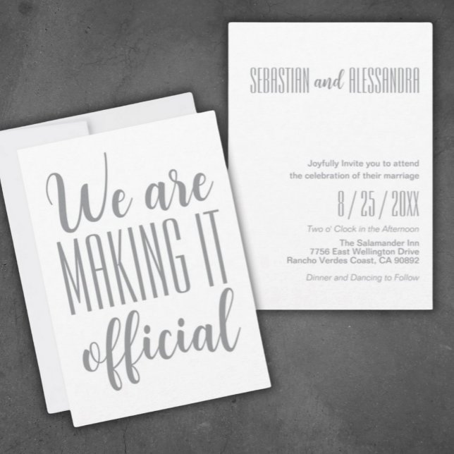 Convites "Estamos Fazer De Que Seja Oficial" Casamento Mini ("We Are Making It Official"
Sleek Modern Minimalist Wedding Invitation Luxurious Grey on White)