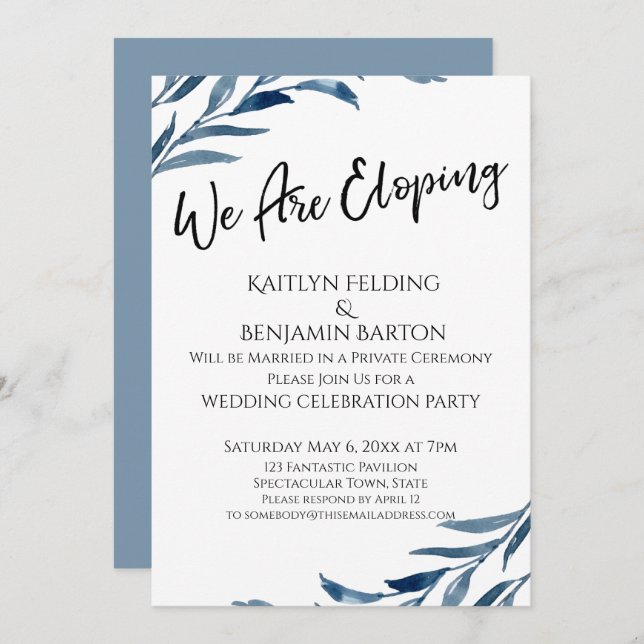 Convites Estamos Fugindo Folhas Pintadas de Azul Recepção A (Frente/Verso)