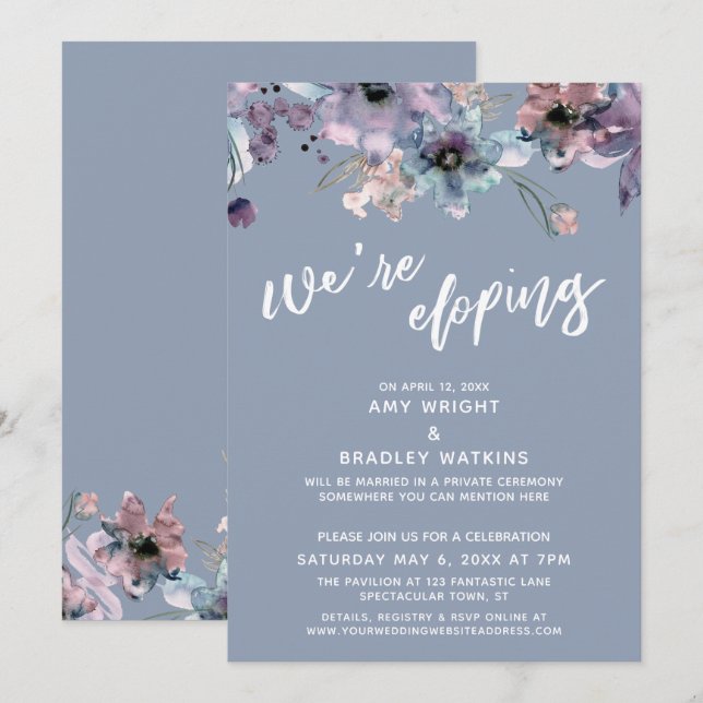Convites Estamos Fugindo Roteiro Azul Desbotado Flores de A (Frente/Verso)