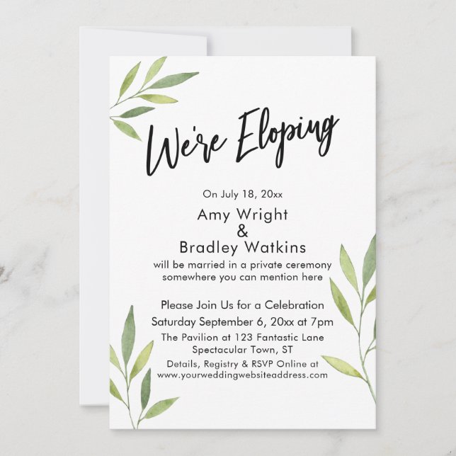 Convites Estamos Fugindo Tipografia, Folhagem Aquarela Verd (Frente)