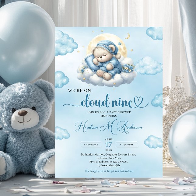 Convites Estamos na nuvem nove ursinho bonitinho dormindo r (we are on cloud nine sleeping teddy bear boy baby shower invitation)