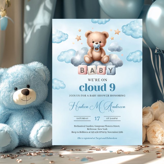 Convites Estamos na nuvem, um ursinho de pelúcia castanho n (cloud nine cute teddy bear boy baby shower invitation digital)