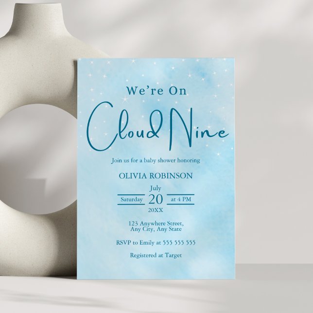 Convites Estamos no Chá de fraldas Azul da Nuvem 9 Dreamy S (We're On Cloud 9 Dreamy Sky Blue Boy Baby Shower Invitation  )