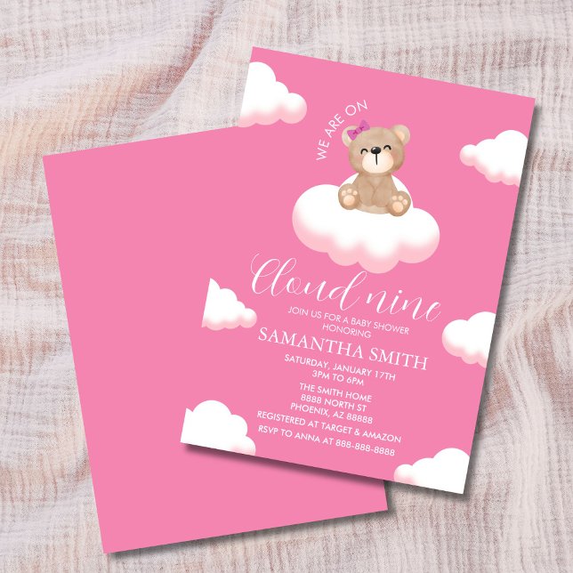 Convites Estamos no Chá de fraldas do Urso Nino Rosa da Nuv (Minimalist pink baby shower invitation with smiling teddy bear sitting on fluffy white clouds)