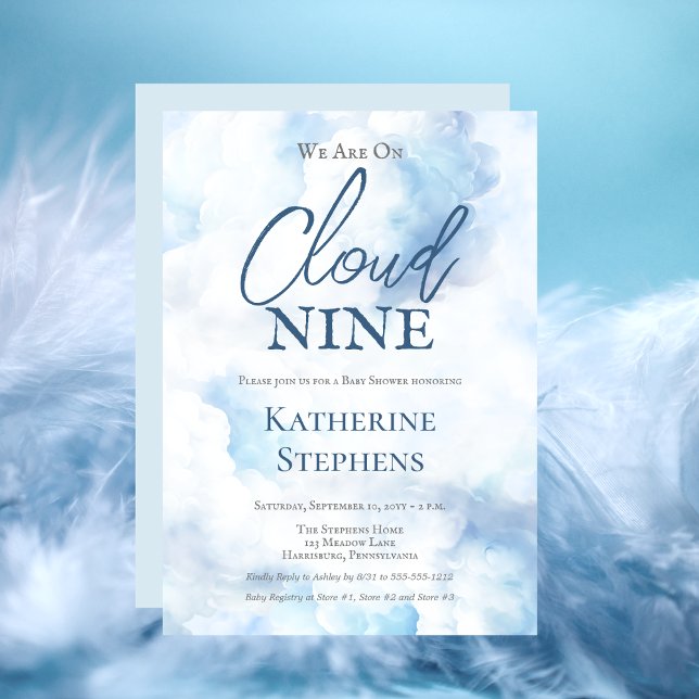 Convites Estamos No Chá de fraldas Nine Blue Boy ("We Are On Cloud Nine" Blue Watercolor Boy Baby Shower Invitation)