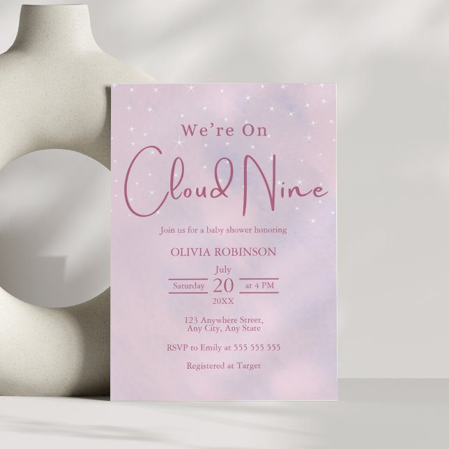 Convites Estamos no Chá de fraldas Rosa Sonho da Nuvem 9 (We're On Cloud 9 Dreamy Pink Girl Baby Shower Invitation     )
